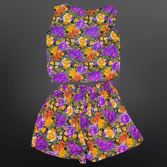 Vintage 80s Sleeveless Blouse Shorts Set Size M Bright Floral Waist tie Pockets - Picture 2 of 7